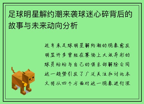 足球明星解约潮来袭球迷心碎背后的故事与未来动向分析