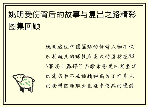 姚明受伤背后的故事与复出之路精彩图集回顾
